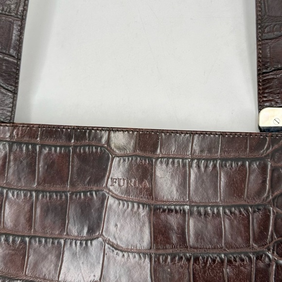 Vintage Furla Genuine Leather Croc Embossed Brown Shoulder Bag - Picture 8 of 14